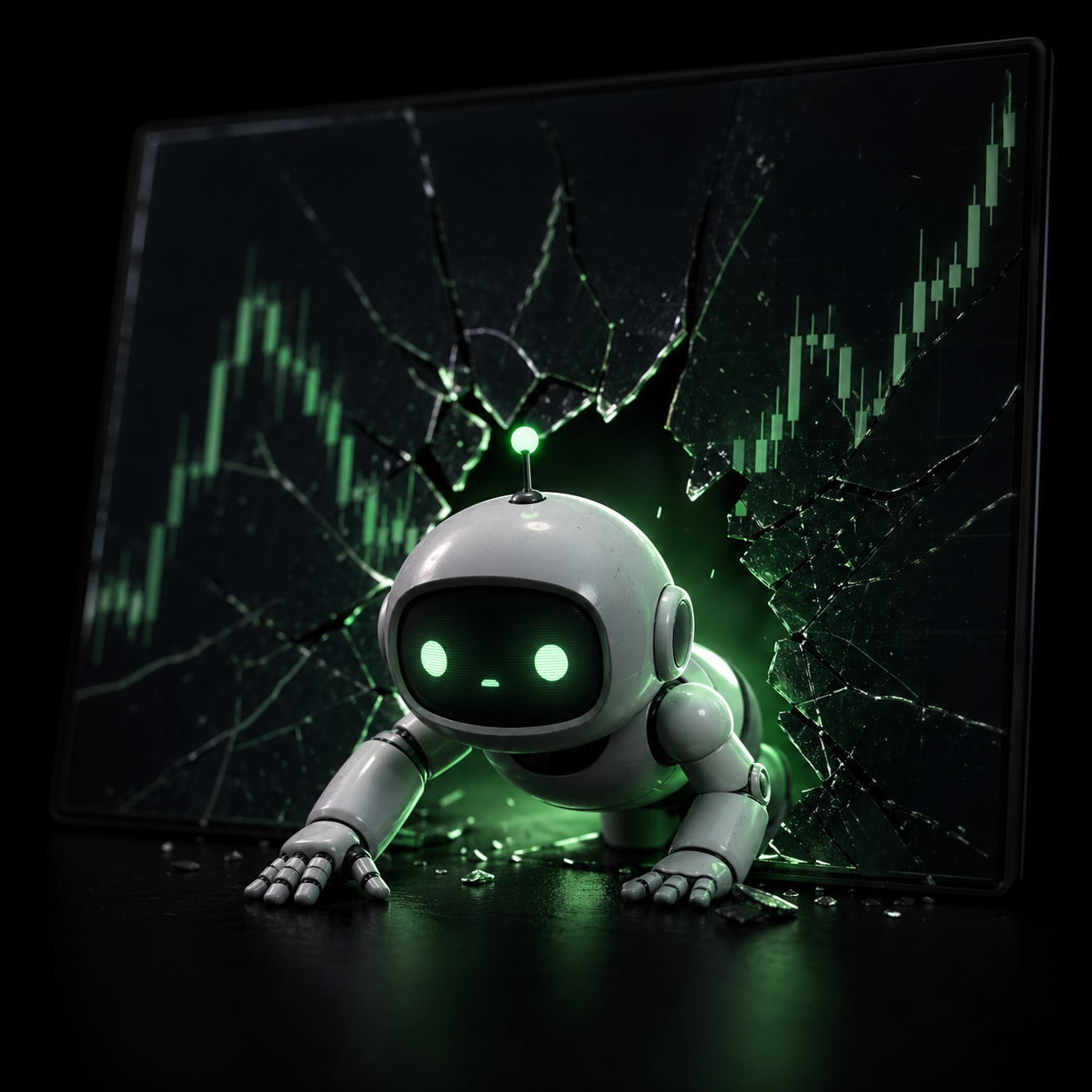 Generated CHATTY robot crawling out of a cracked chart screen