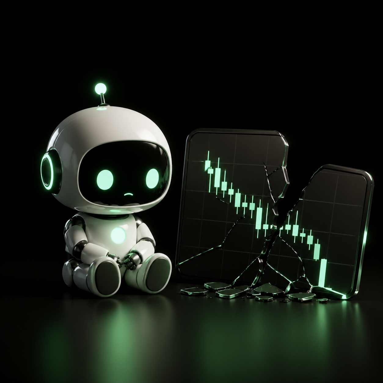 Tiny CHATTY robot beside a broken chart product shot