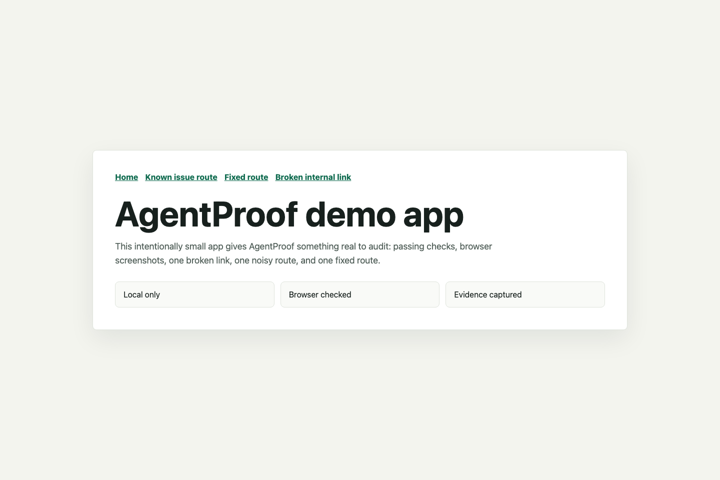 AgentProof demo report screenshot showing browser evidence captured from a tested web app